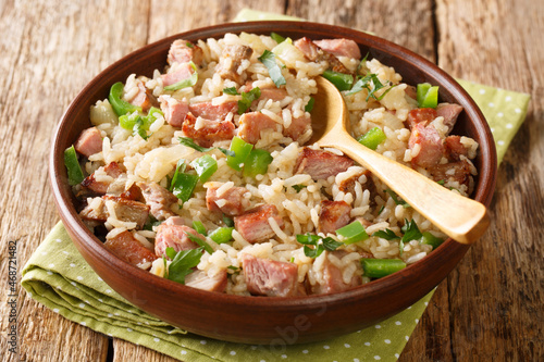 Arroz carreteiro is a hearty rice and meat dish close up in the bowl on the table. Horizontal photo