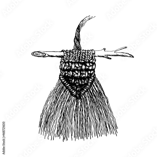 Beautiful boho macrame wall hanging on a branch, home decoration hand-drawn vector illustration.