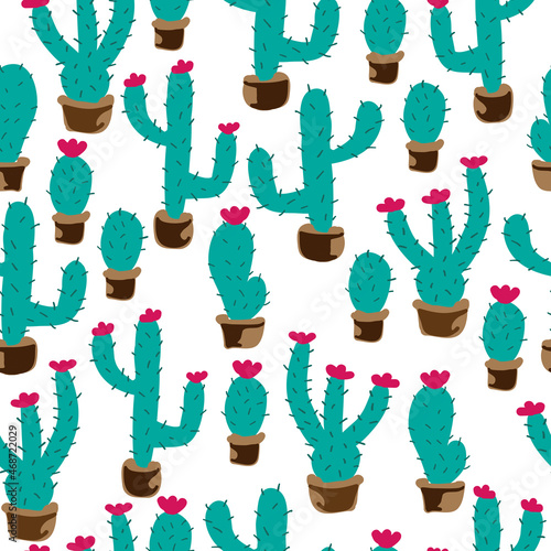 A simple cactus pattern. White background, funny cacti with potted flowers. The print is well suited for textiles, Wallpaper and packaging.