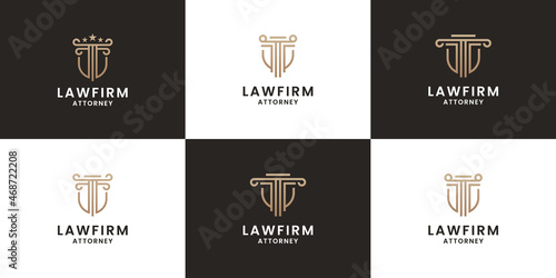 set of lawyer logo design emblem. shield justice with pillar concept
