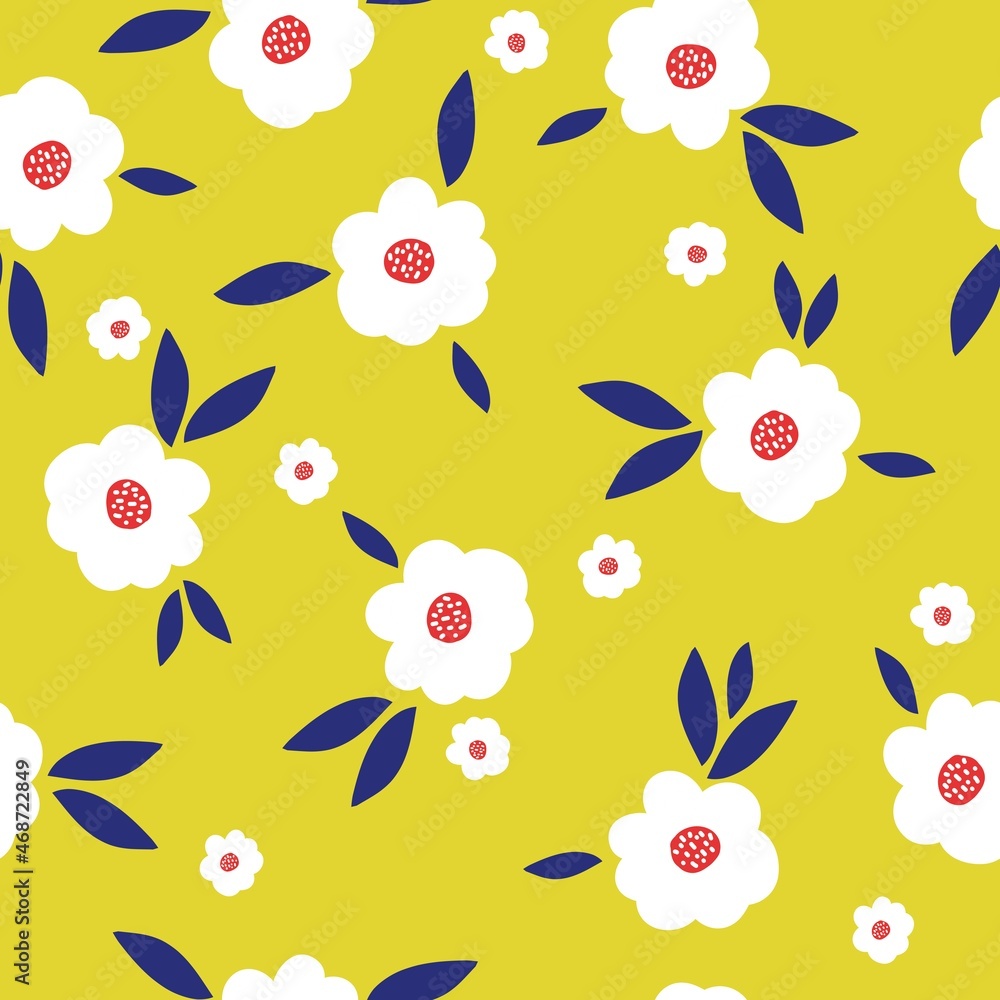 Seamless floral pattern. Fashionable background of white flowers and blue leaves. flowers scattered on a yellow background. Stock vector for printing on surfaces and web design. Seamless floral pattern. Fashionable background of white flowers and blue leaves. flowers scattered on a yellow background. Stock vector for printing on surfaces and web design.