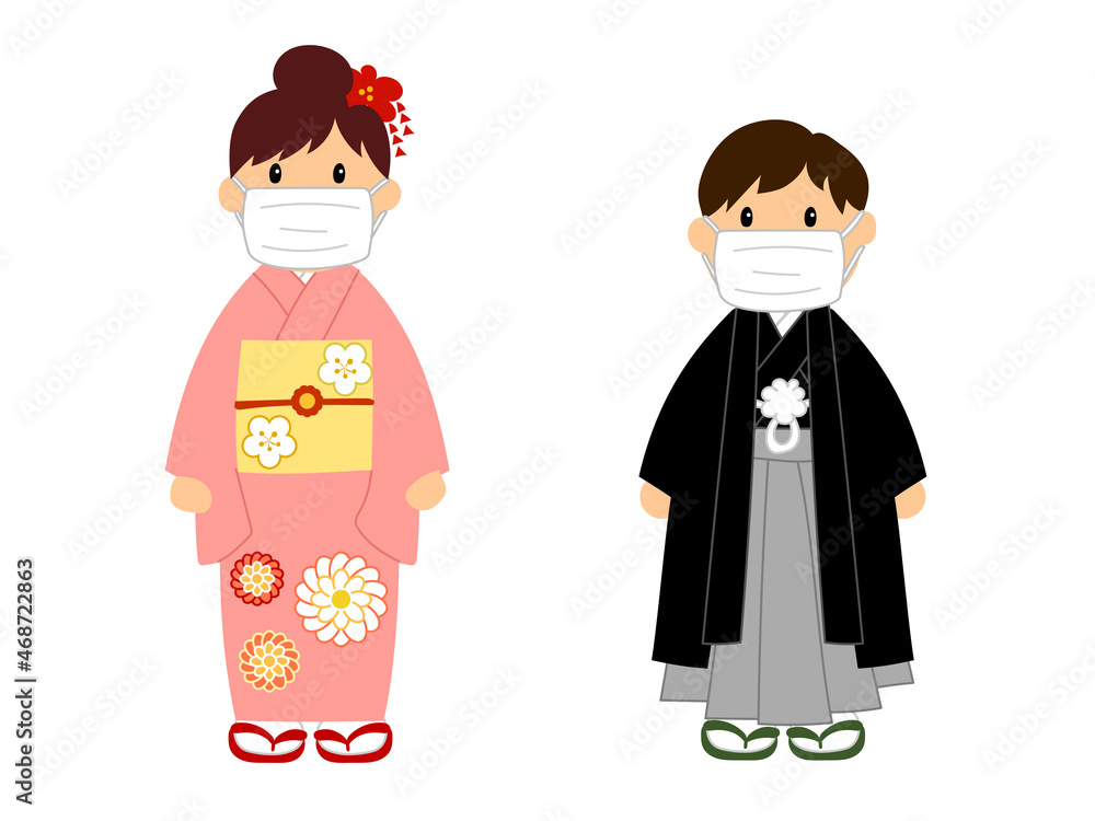 マスクをした七五三の女の子と男の子