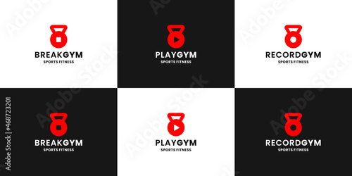 bundle gym logo design. break , play and record icon combine with kettle bell gym sport