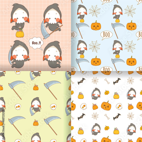 collection of cute little grim reaper cartoon character illustration with seamless pattern set.