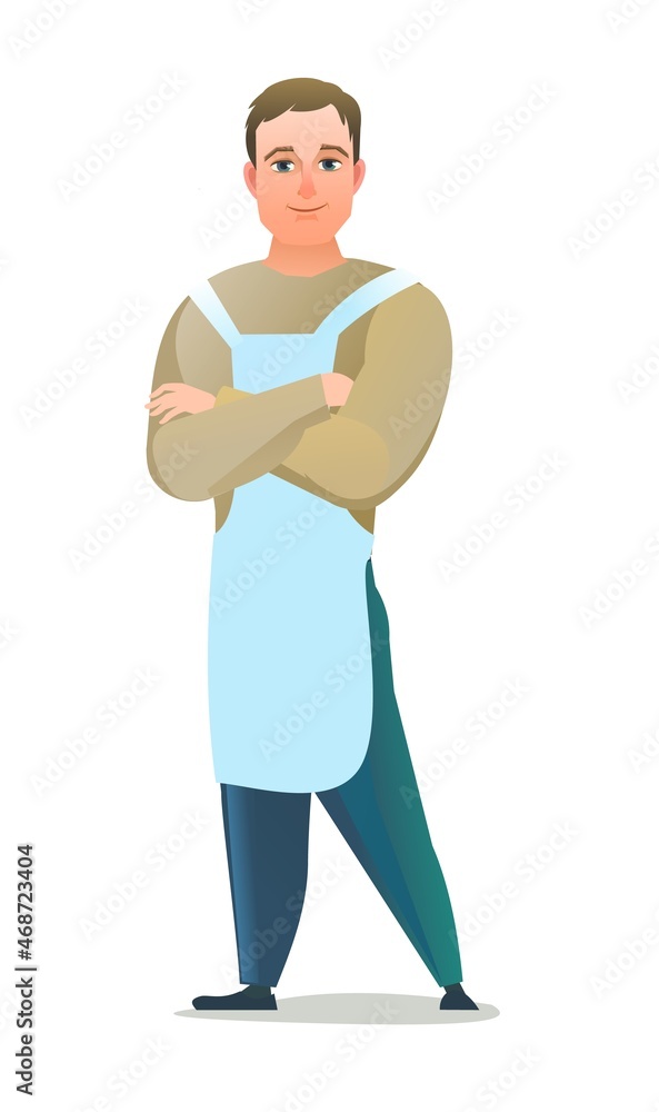 Man craftsman or artist. Guy in apron. Master in workwear. Cheerful person. Standing pose. Cartoon comic style flat design. Single character. Illustration isolated on white background. Vector