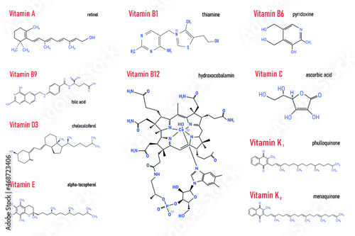 Vitamin Complex with Food B1, B6, B9, B12, K, A, E, C Label and Icon. Chemical Formula and Structure Logo. Vector Illustration.