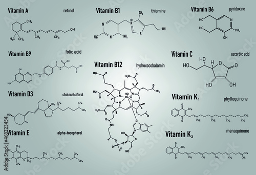 Vitamin Complex with Food B1, B6, B9, B12, K, A, E, C Label and Icon. Chemical Formula and Structure Logo. Vector Illustration.