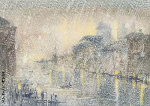 Fototapeta Naklejka Na Ścianę i Meble -  Grand canal in Venice in the rain watercolor background