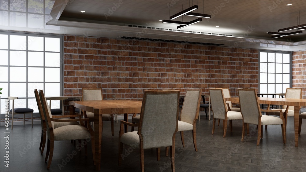 restaurant 3d design interior with brick wall mockup