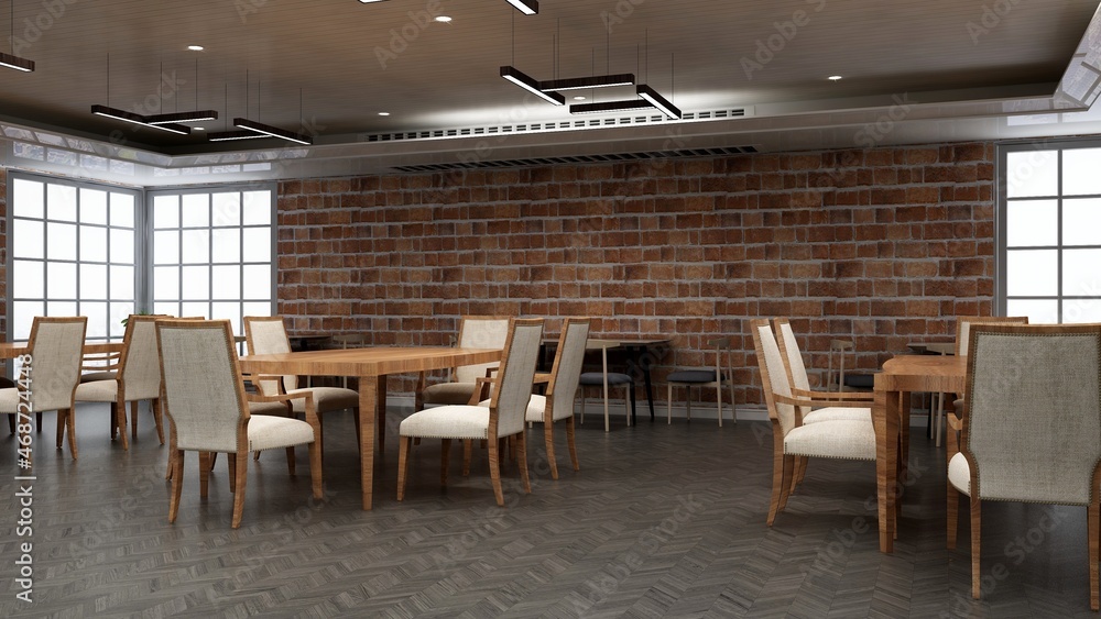 restaurant 3d design interior with brick wall mockup