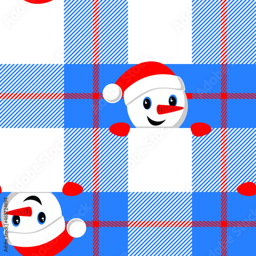 Printed check seamless pattern with Snowman face in Santa's hat. Christmas illustrtion.