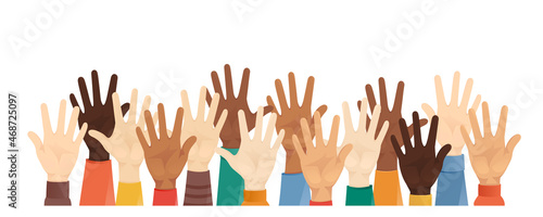 Group of multiethnic diverse hands raised in different clothes and skin color vector illustration isolated