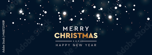 Christmas and New Year sparkle blur bokeh effect background. Dark Xmas backdrop. Text Merry Christmas. Vector illustration for web banners invitation poster