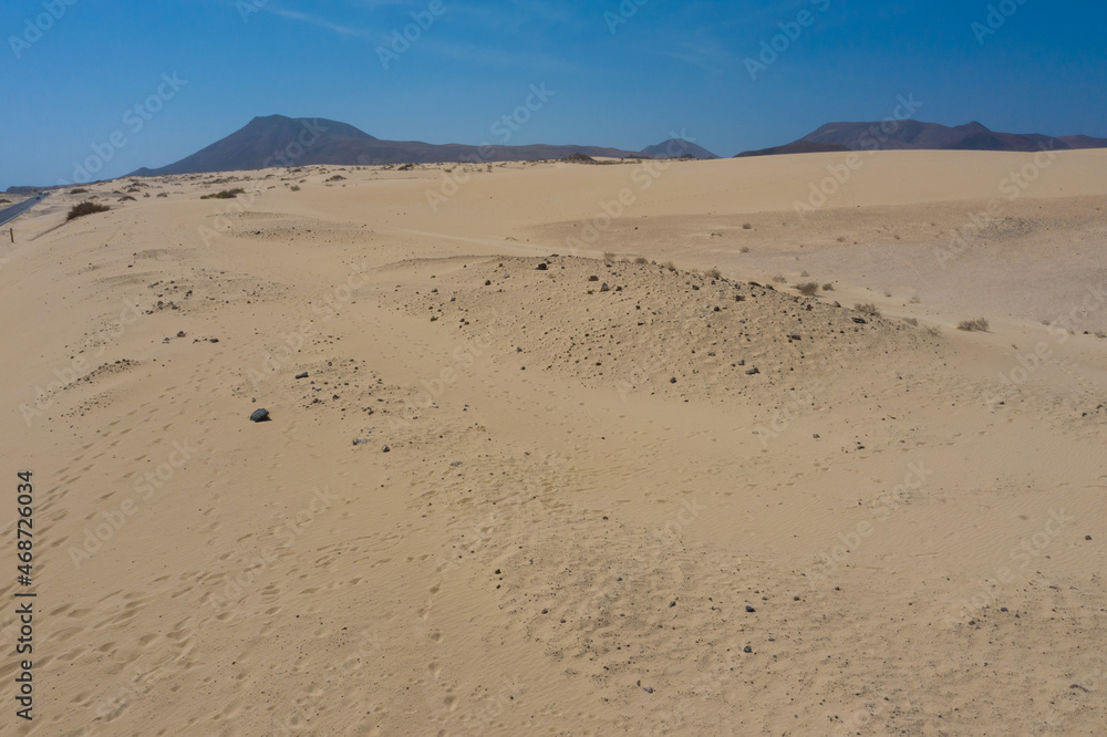 Aerial view of the sand dunes. Wandering dunes El Jable, Las Dunas de Corralejo, Corralejo Natural Park, Fuerteventura, Canary Islands, Spain.