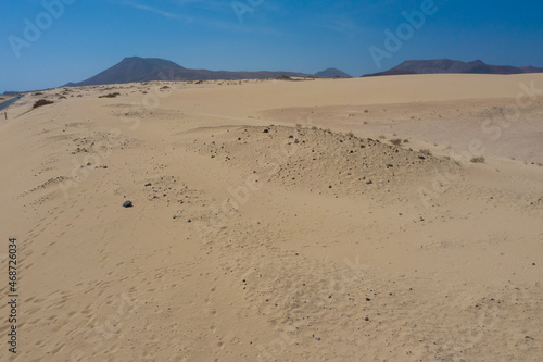 Aerial view of the sand dunes. Wandering dunes El Jable, Las Dunas de Corralejo, Corralejo Natural Park, Fuerteventura, Canary Islands, Spain.