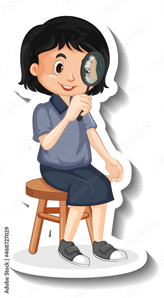 Cartoon girl looking through magnifying glass