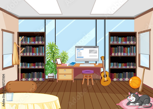 Empty library interior design with bookshelves