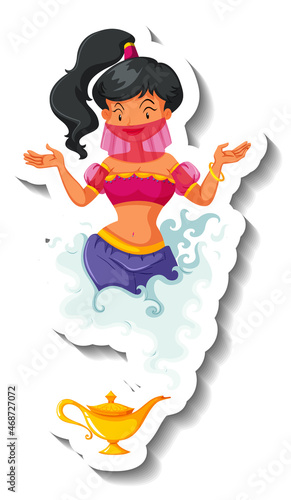 Genie lady coming out of magic lamp cartoon character sticker