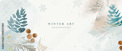 Winter background vector. Hand painted watercolor and gold brush texture, Flower and botanical leaves hand drawing. Abstract art design for wallpaper, wall arts, cover, wedding and  invite card.  
 photo