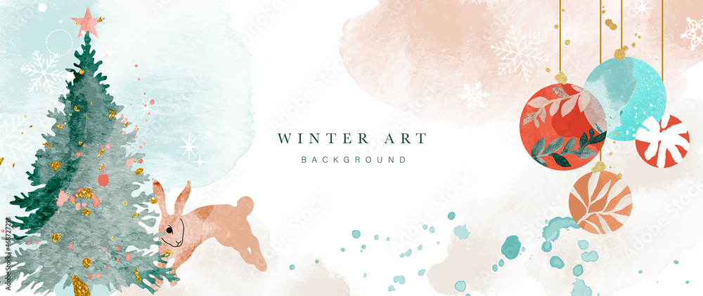 Fototapeta premium Winter background vector. Hand painted watercolor and gold brush texture, Flower and botanical leaves hand drawing. Abstract art design for wallpaper, wall arts, cover, wedding and invite card. 