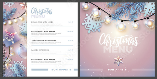 Restaurant Christmas holiday menu design with christmas desoration. Vector illustration