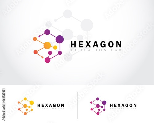 hexagon logo creative connect molecule atom education science lab design modern