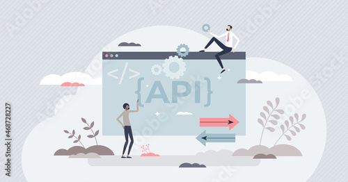 API as application programming interface and software integration tool tiny person concept. Coding method and connection between computers tool for web development and engineering vector illustration.