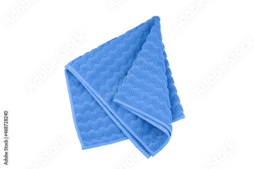 Blue folded microfiber towel isolated on white background, top view.