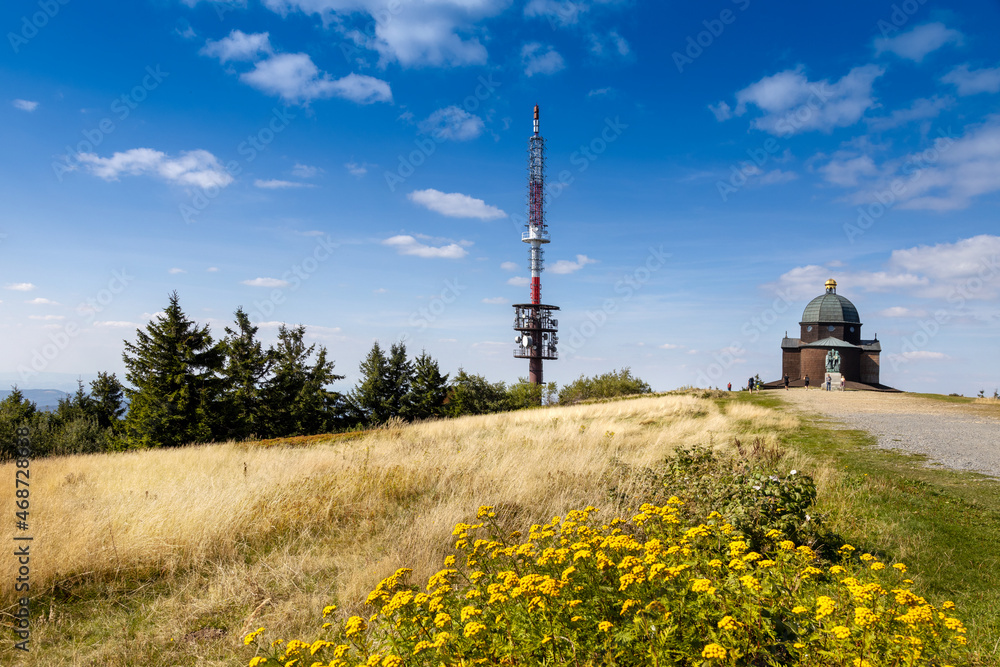 Obraz premium Chapel, st Cyril and Method statue, Radegast hill, Beskydy mountain, Czech republic