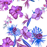 Indigo Hibiscus Set. Pink Flower Decor. Blue Seamless Backdrop. Watercolor Jungle. Pattern Decor. Purple Tropical Print. Exotic Design. Art Design
