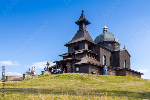  Chapel, st Cyril and Method statue, Radegast hill, Beskydy mountain, Czech republic photo