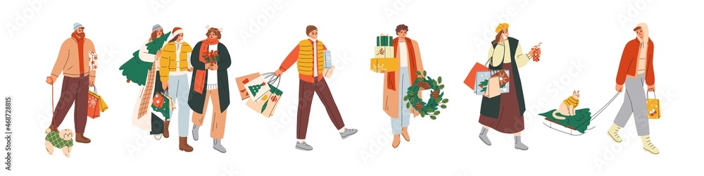 Happy people with gift boxes, bags and fir trees at Christmas shopping time. Set of men and women with Xmas presents, prepare for winter holiday. Flat vector illustrations isolated on white background