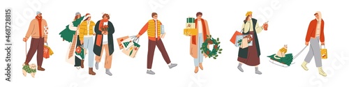 Happy people with gift boxes, bags and fir trees at Christmas shopping time. Set of men and women with Xmas presents, prepare for winter holiday. Flat vector illustrations isolated on white background