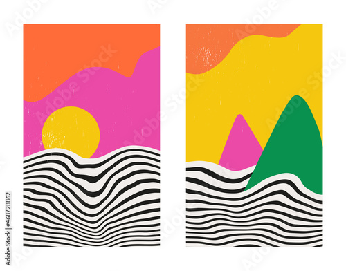 Vibrant set of abstract minimalistic landscapes in mid century style. Hand drawn Modern abstract naive graphic prints with mountains, sea and sun in green, pink and yellow colors.
