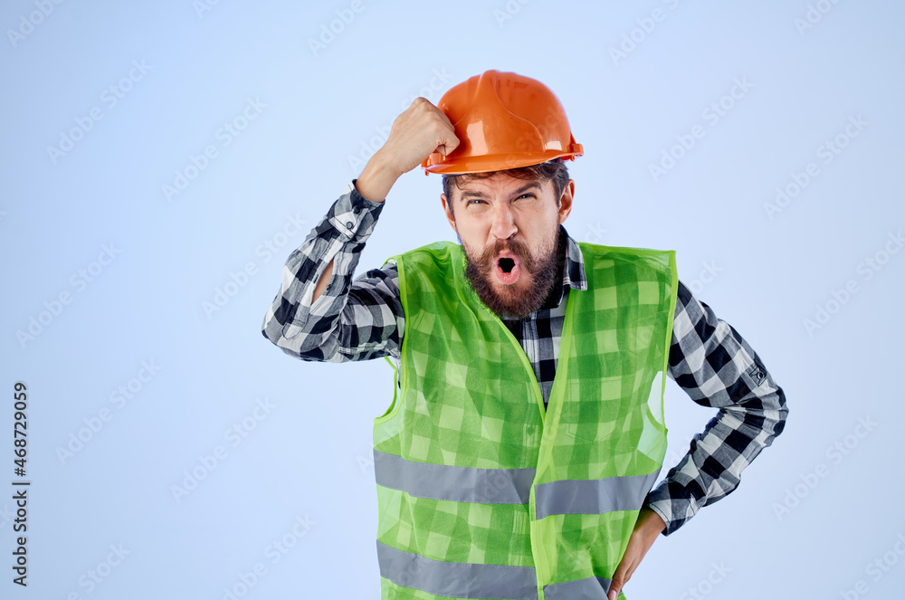 working man green vest orange helmet workflow hand gestures isolated background working man green vest orange helmet workflow hand gestures isolated background