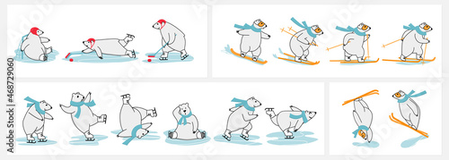 Polar bear winter sport training. Skiing, snowboarding, skating, freestyle ski jumping and ice hockey