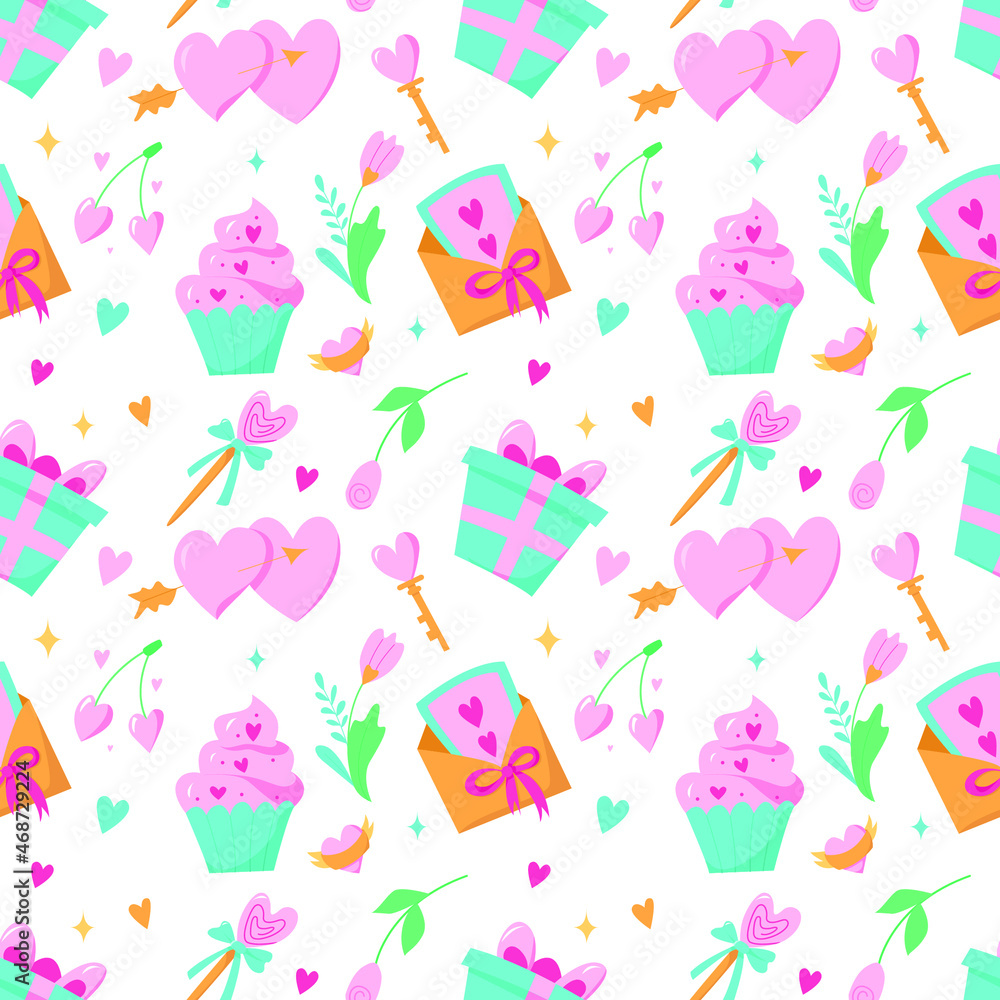 Seamless vector pattern with heart, gift box, candy, key, rose, flowers, ring, envelope with a letter, muffin on a white background. Background for Valentine's Day. Seamless vector pattern with heart, gift box, candy, key, rose, flowers, ring, envelope with a letter, muffin on a white background. Background for Valentine's Day.