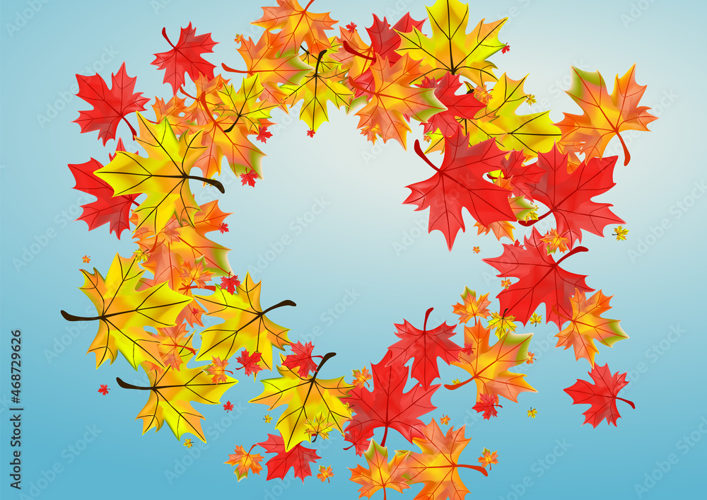 Fototapeta premium Ocher Plant Background Blue Vector. Floral November Design. Colorful Season Leaves. Decoration Leaf Card.