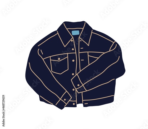 Jeans jacket with buttons and pockets. Modern fashion open denim blazer. Trendy casual clothes. Stylish wearing. Flat vector illustration of unisex garment isolated on white background
