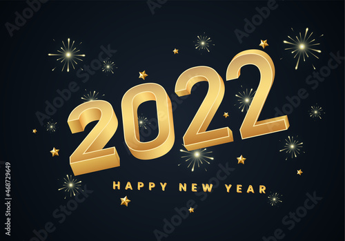 2022 Happy New Year. Gold 3D numbers and letters on a dark background with salutes and stars.