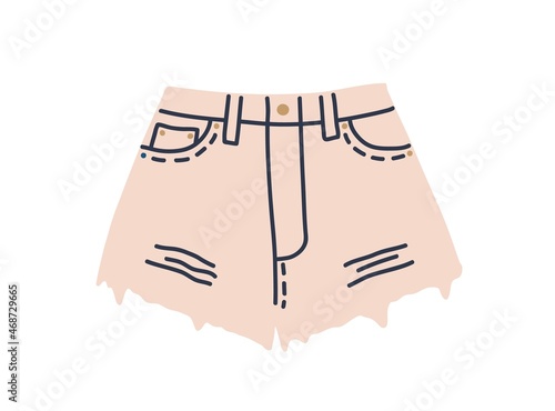 Summer denim shorts. Jeans clothes with pockets and frayed raw hem. Fashion casual women garment with stitches. Flat vector illustration of cotton apparel isolated on white background