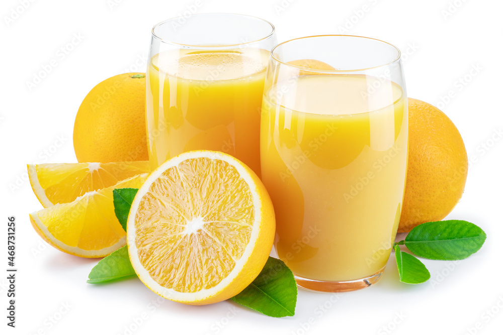 Yellow orange fruits and two glasses of fresh orange juice isolated on white background. Yellow orange fruits and two glasses of fresh orange juice isolated on white background.