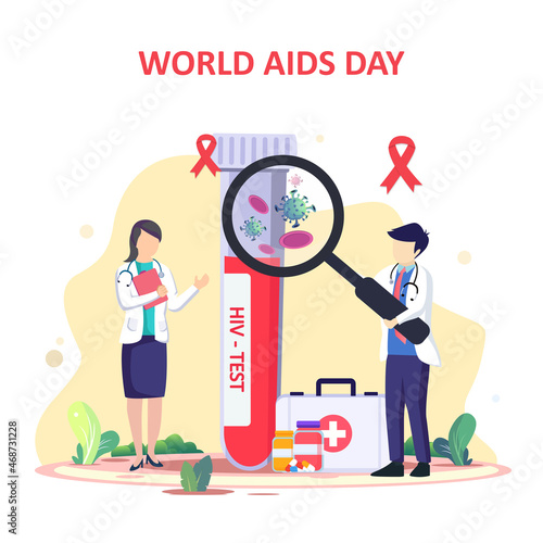 Conceptual Design World AIDS day. Medical workers with an HIV test tube are researching AIDS Blood on World AIDS day. Flat vector template style Suitable for Web Landing Pages.
