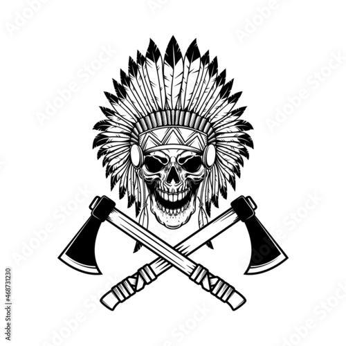Native american skull in traditional headdress and crossed tomahawks. Design element for logo, emblem, sign, poster, t shirt. Vector illustration
