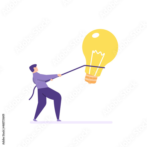 illustration of a person chasing and trying to catch a lamp using a net stick. looking for ideas and solutions, inspiration, innovation, creative. trying to find a way out. flat cartoon style. vector 