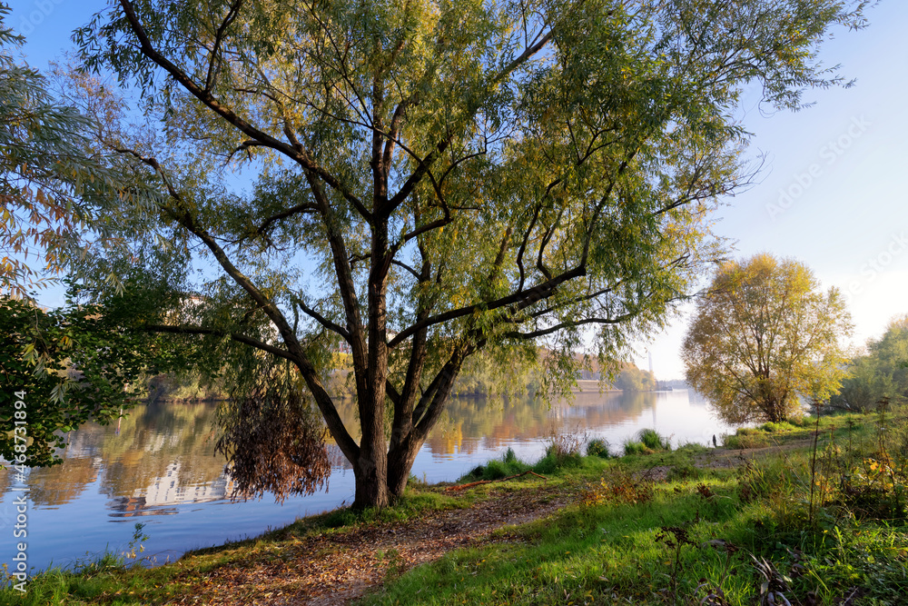 Autumn season and Seine river bank in Paris suburb. Ivry-sur-Seine city Autumn season and Seine river bank in Paris suburb. Ivry-sur-Seine city