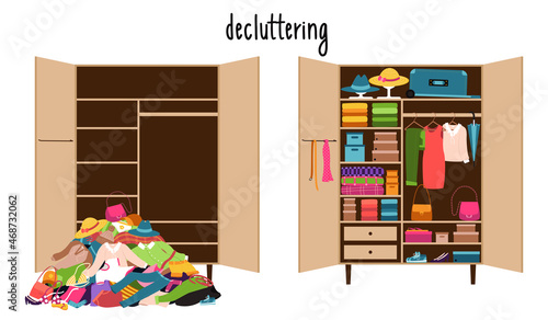 An empty closet and a pile of clothes and a closet with clothes neatly laid out on the shelves. Mess and order in wardrobe. Before and after cleaning, sorting things, cluttering. Vector illustration