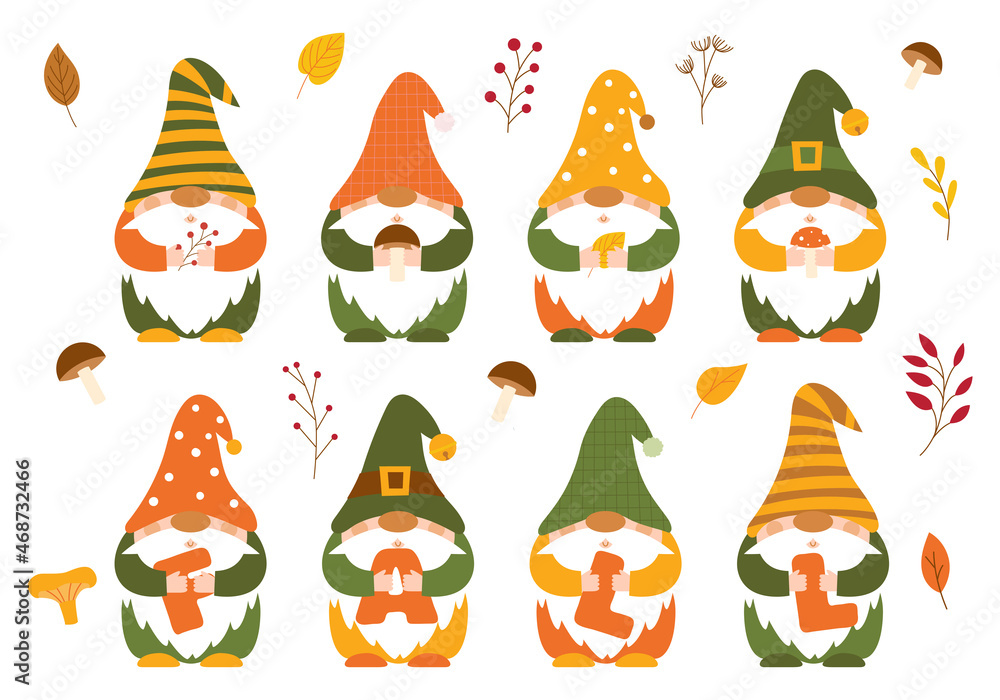 A set of small autumn dwarfs in caps, who hold mushrooms, twigs, berries and the letters FALL in their hands. Cute little forest gnomes, cartoon characters. Color vector illustration in a flat style. A set of small autumn dwarfs in caps, who hold mushrooms, twigs, berries and the letters FALL in their hands. Cute little forest gnomes, cartoon characters. Color vector illustration in a flat style.