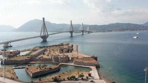 Aerial view of Venetian fort by the sea and the Rio Antirio Charilaos Trikoupis bridge in Greece