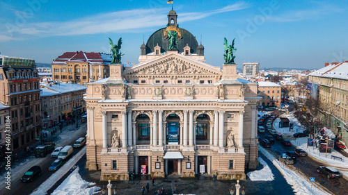 aerial view of city square in front of opera building in Lviv, sunny winter day